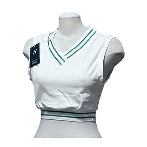 Halara V Neck Sleeveless Sport Striped Casual Cropped Shirt Sz XS White & Green